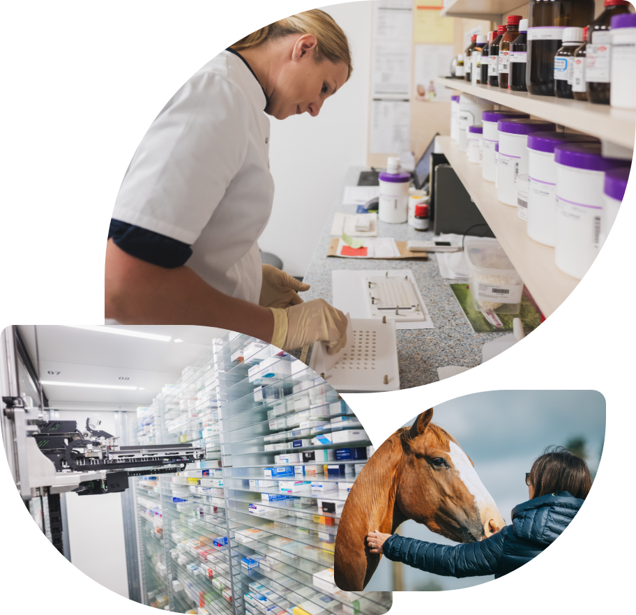 Zwei Bilder von einem Apotheker bei der Arbeit. Eines von dem Lager der Apotheke.